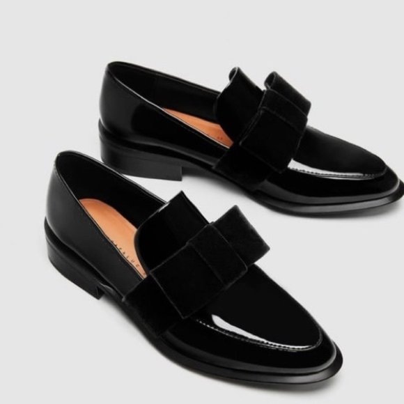 Zara Shoes - Zara Black Patent Loafers W/ Velvet Bow
